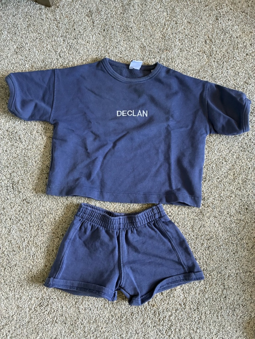 Zara Embroidered "DECLAN" Navy Crop Sweatshirt and Shorts Set
